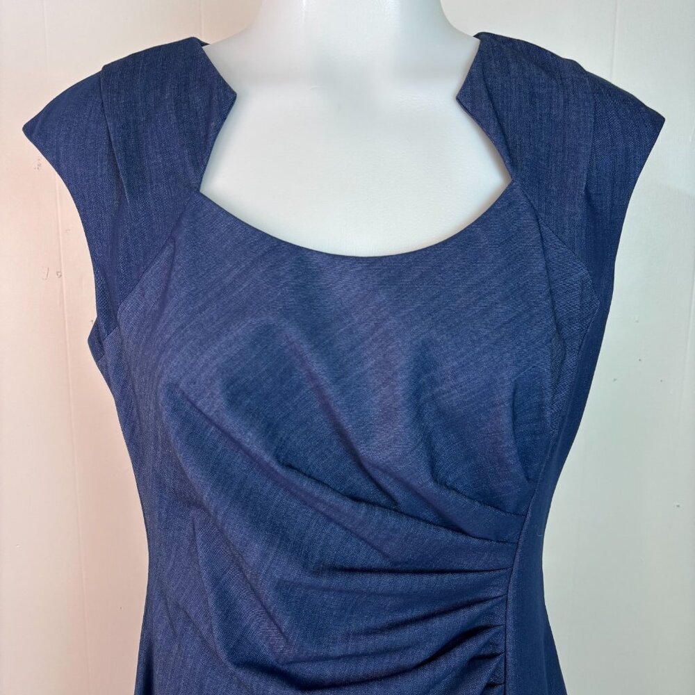 Calvin Klein Sheath Dress 6 Blue Cap Sleeve Shirred Office Cocktail Women's - Picture 2 of 9